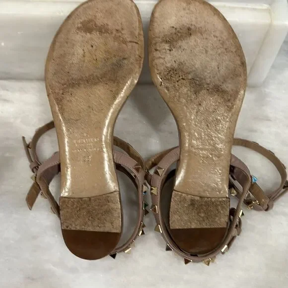 Valentino Poudre rockstud sandals 38 tan blush with gold studs ankle strap - Picture 9 of 12